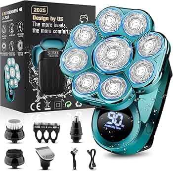 Handsomemen 9D Electric Head Shaver for Bald Men, Upgraded 6-in-1 Grooming Kit, Waterproof Wet/Dry, Rechargeable, Black, Green Family