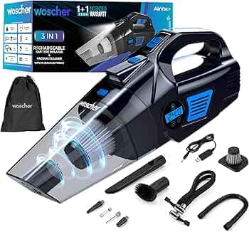 WOSCHER AirVac Pro+ 3in1 USB Rechargeable Car Vacuum Cleaner Cordless,Tyre Inflator,150 PSI Digital Air Pump for Car Tyre|120 Watt Car Vacuum Cleaner High Power 6000PA |LED Light| Auto Shut Off