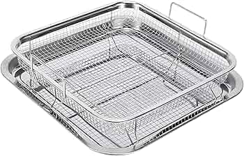 2-Piece Air Fryer Basket for Oven, Stainless Steel Crisping Basket & Tray Set with Grease Tray, Oven Crisper for French Fries, Bacon, Frozen Food – Rectangle Tray Set, Dishwasher Safe