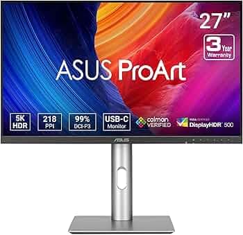 ASUS ProArt Display 27” 5K HDR Professional Monitor (PA27JCV) - 5K (5120 x 2880), IPS, 99% DCI-P3, 100% sRGB, ΔE < 2, USB-C PD 96W, Calman Verified, Color Accurate, Auto KVM, LuxPixel, 3 yr Warranty