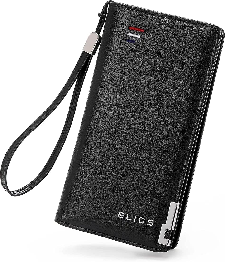 Elios Women Large Capacity Pu Leather Clutch Wallet Card Phone Holder Organizer Ladies Purse With Wrist Strap, Black