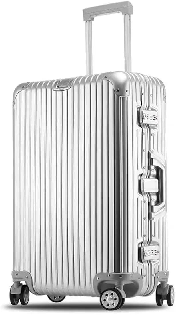 PYB Autograph - Premium Full Aluminium Trolley Bags for Travel, Zipless Check in Medium Suitcase with TSA Lock, Noiseless 360° Rotating 8 Wheels, Compression Pads and Divider (Silver, 20 inch)
