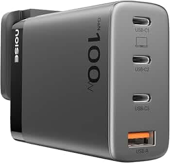 Noise Power Series 100W GaN Charger: Fast Charging Adapter, 4 Ports (3 USB-C + 1 USB-A), Globally Compatible, iPhone 0 to 50% in 27mins, Supports All iPhones, Android Phones, Laptops, Macbooks (Black)
