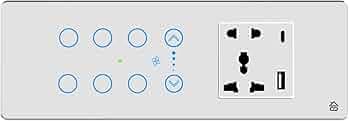 HomeMate Smart Touch Switch Panel (White) with Silver Bezel | Edge Series | 6 Switch, 1 Fan & 1 Socket with Quick Charge USB's |Compatible with 6/8 Gang Box| Works with Alexa, Google Assistant & Siri