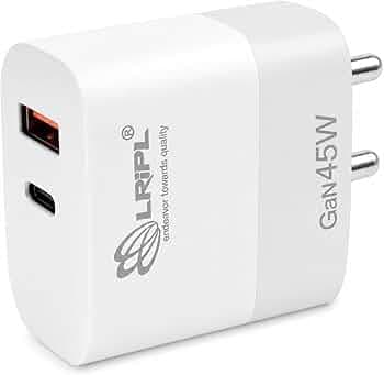 LRIPL 45W GaN USB-C Fast Charger Adapter, Dual Port Type-C & USB-A, Power Delivery QC 3.0, Compatible with Samsung, Redmi, Poco, iPhone, iPad, Nothing Phone 2A,3A, Google Pixel 10A – White