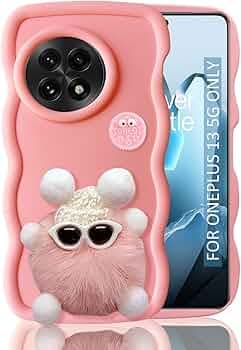 KC Back Cover for OnePlus 13 5G - 3D Big Wave with Cute Specs Pink Fur Ball Character Camera Protection Case (Pink)
