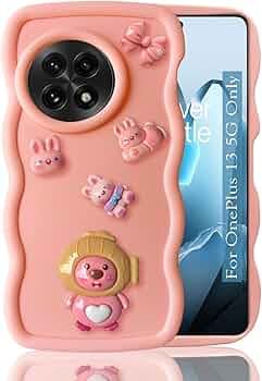 KC Back Cover for OnePlus 13 5G - 3D Big Wave Cartoon Characters and Fish Head Specs Shockproof Soft Bumper Silicone Case with Camera Protection (Light-Pink)
