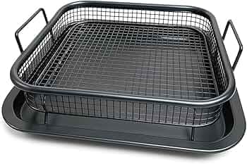 Air Fryer Basket And Tray For Oven – 2-Piece Stainless Steel Set, Nonstick Mesh Crisper Tray & Baking Rack For Oven – Dishwasher Safe, Ideal (Air Fryer With Tray Square Black)
