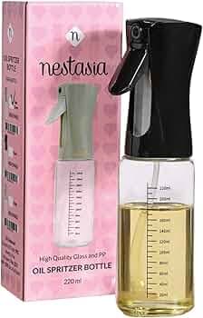 Nestasia Glass Oil Sprayer Bottle for Kitchen (220ml) - 100% Food-Safe Vinegar & Olive Oil Spray Bottle for Healthy Cooking, Salad Dressing, Air Fryer, BBQ & Grilling (Black)