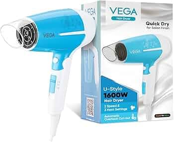 Vega U Style 1400-1600W Foldable Hair Dryer for Women & Men with Cool Shot Button, 2 Speed/3 Heat Settings, Detachable Nozzle, Travel Friendly, Fast Hair Drying, (VHDH-32)