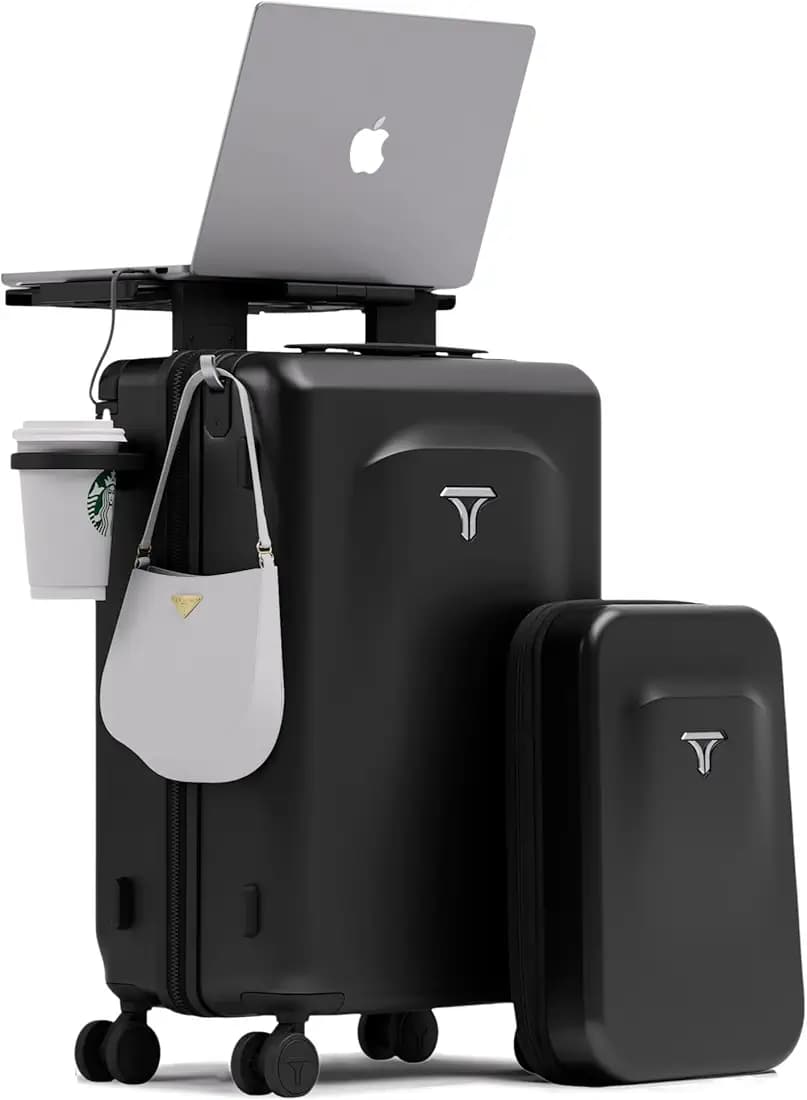 Carry-on PRO (56cm) Cabin Trolley Bag & Free Backpack, Digital Handle, Laptop Stand, TSA Lock, Apple AirTag Slot, Phone Stand, Cup Holder, 8 Lockable Wheels, PC Hard-Shell (T7 Digital, Space)