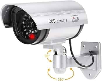 Pack of 1 Bullet Dummy Fake Surveillance Security CCTV Dome Camera Indoor/Outdoor with One Red LED Light at Night, for Home and Businesses Security (Silver)