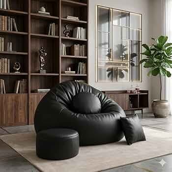 2XL Teardrop Bean Bag Cover & Chair Set with Footrest & Two Cushion, Faux Leather, Indoor Gaming and Lounging, Adult Size (Black, XXL, Solid)