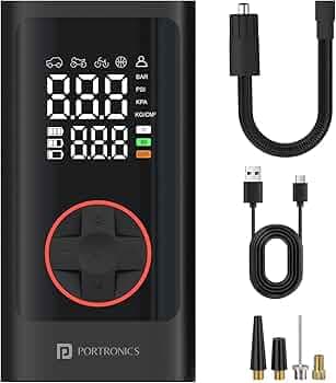 Portronics Vayu 7.0 Tyre Inflator, Full-Size Digital Display, 4000 mAh Battery, 150 PSI Pressure, Preset Modes, Flashlight with SOS, Pressure Detection, for Cars, Bikes, Bicycles & Balls(Black)
