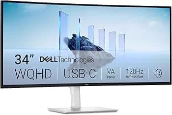 Dell S3425DW Curved Screen USB-C 34 Plus 3440 x 1440 to 120Hz 21:9 Screen, VA Panel, AMD FreeSync Premium, 99% sRGB, 95% DCI-P3, Built-in Speakers, 3000:1 Contrast Ratio