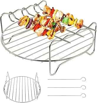 5Pcs Grill Stand, Grill Rack for Air Fryer 7 inches,Round Grill Rack with 4Pcs Skewers, Durable Air Fryer Accessories for Even Cooking (Circle (Silver) B)
