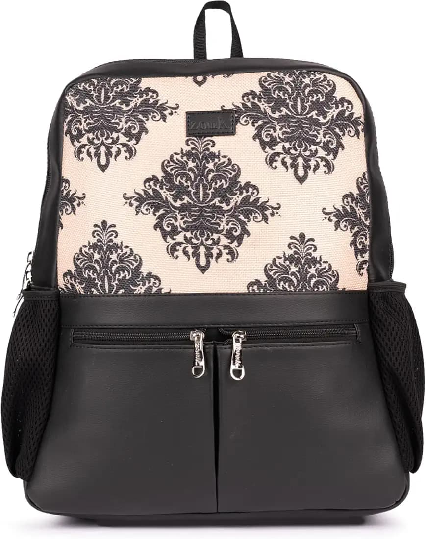 ZOUK Women's Office Backpack | Vegan Leather & Handicraft Fabric | PeTA Approved | 15.6 Inch Laptop Compartment | Dual Zipper Pockets | Water Resistant | Trolley Passthrough | 17.5L
