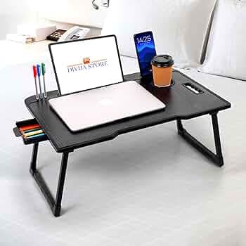 Wood Smart Multipurpose Foldable Laptop Table with Cup Holder, Study Table, Bed Table, Breakfast Table, Foldable and Portable/Ergonomic & Rounded Edges/Non-Slip Legs (Black), 59 cm, 8 cm